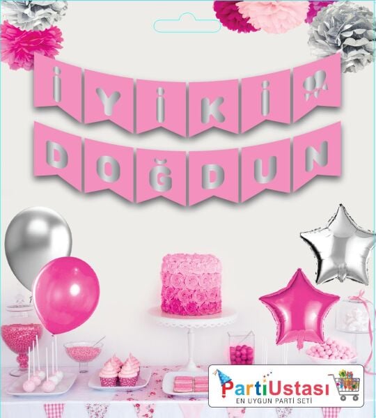 Yazı Zarf Banner Varaklı İyi Ki  Doğdun Pembe / Gümüş