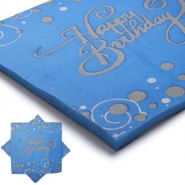 Baskılı Peçete  Happy Birthday Mavi Üzeri Gümüş