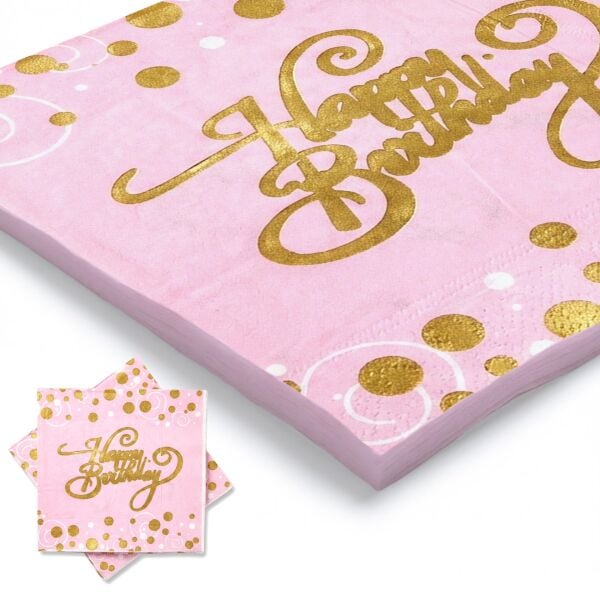 Baskılı Peçete Happy Birthday Pembe Üzeri Altın