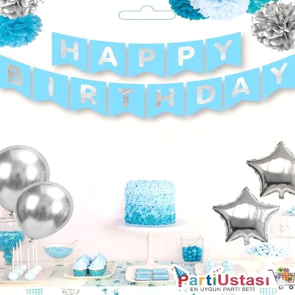 Happy Birthday Varaklı Mavi Gümüş Banner