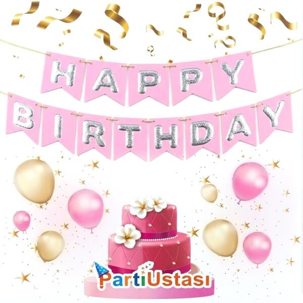 Yazı Varaklı Zarf Banner Happy Pembe / Gümüş