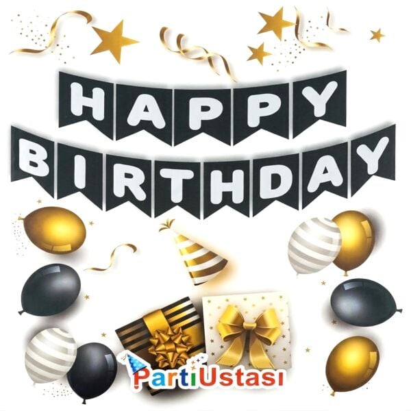 Yazı Varaklı Zarf Banner Happy Siyah / Gümüş