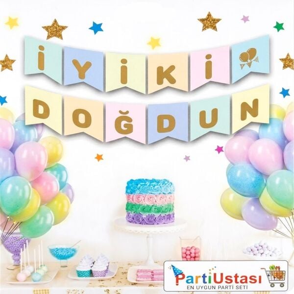 Yazı Varaklı Zarf Banner İyi Ki Doğdun Makaron / Altın