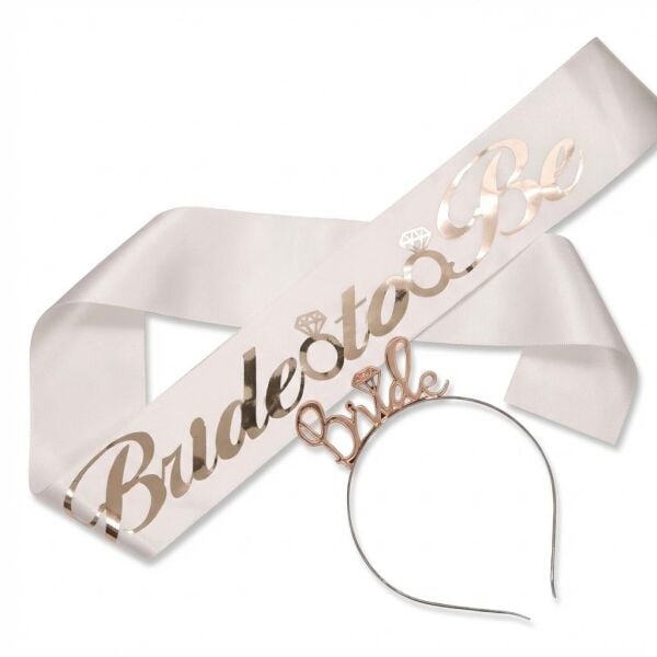 Set Taç Metal Kuşak Bride Beyaz / Rose