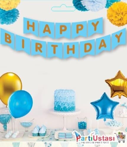Yazı Zarf Banner Varaklı Happy Mavi / Altın