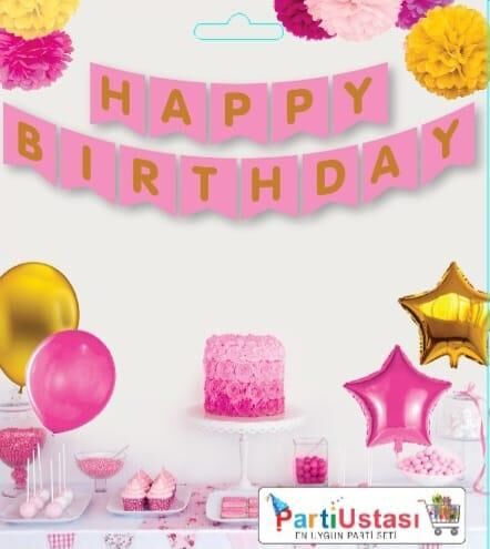 Yazı Zarf Banner Varaklı Happy Pembe / Altın