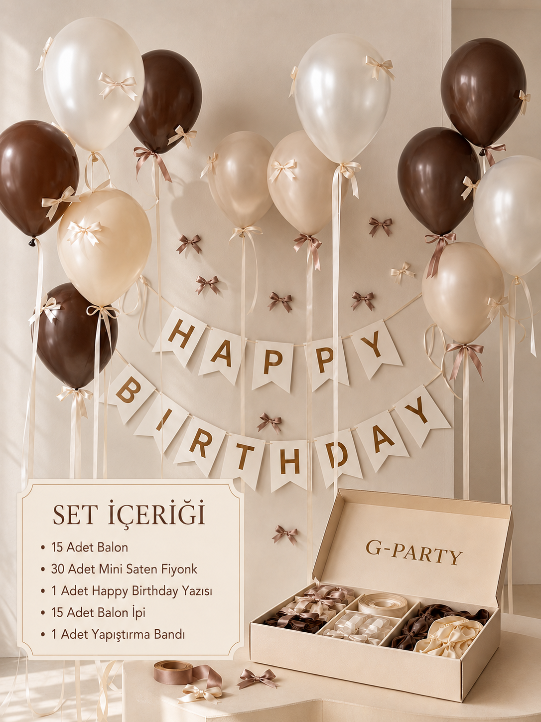 Happy Birthday Ribbon Bej - Kahverengi Set