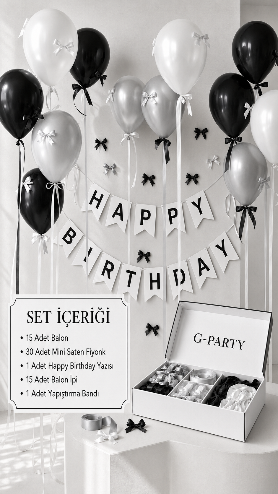 Happy Birthday Ribbon Siyah - Beyaz Set