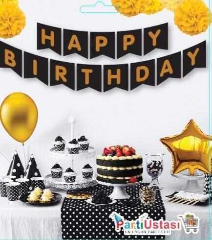 Yazı Zarf Banner Varaklı Happy Siyah / Altın