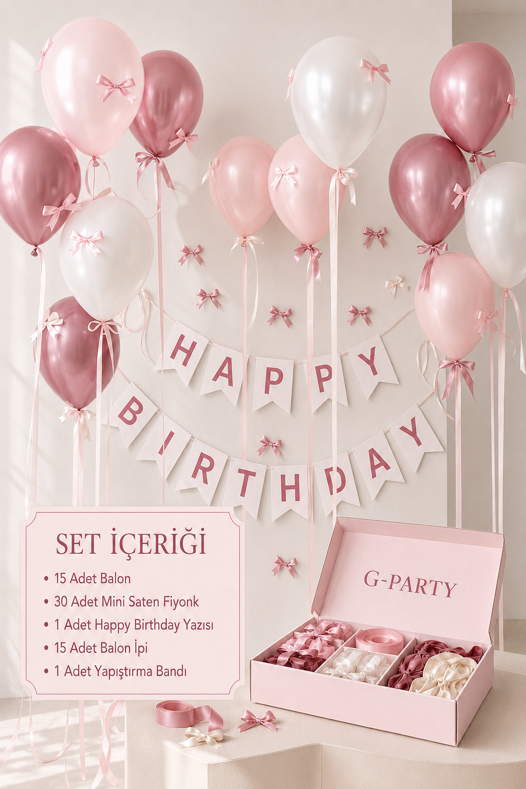 Happy Birthday Ribbon Pembe - Beyaz Set