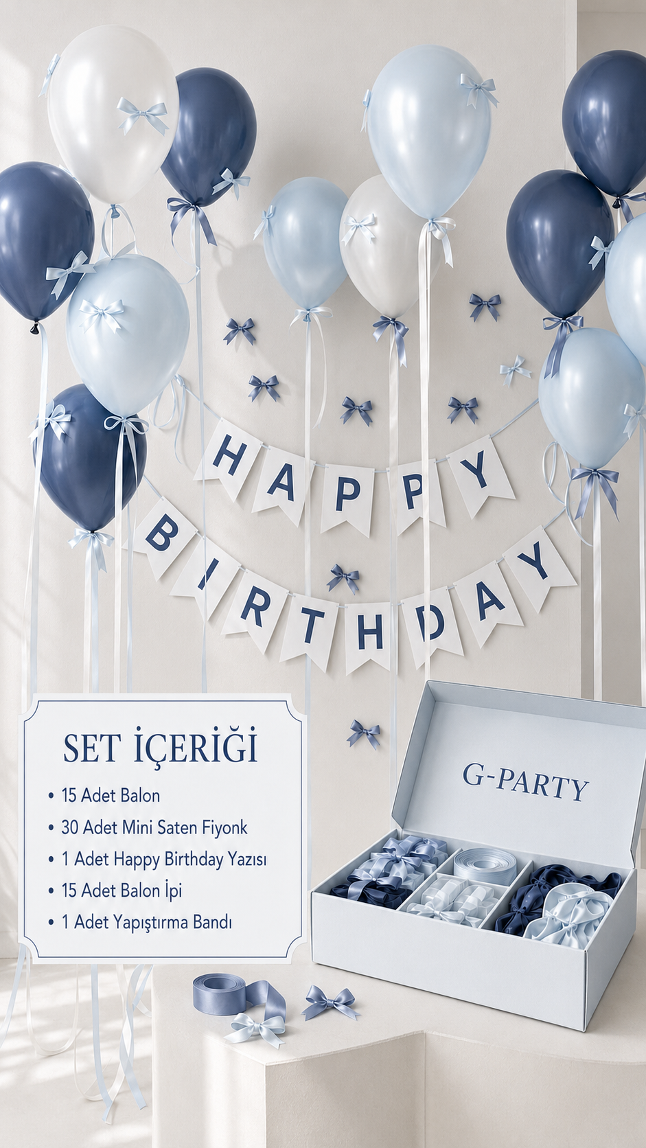 Happy Birthday Ribbon Mavi - Beyaz Set